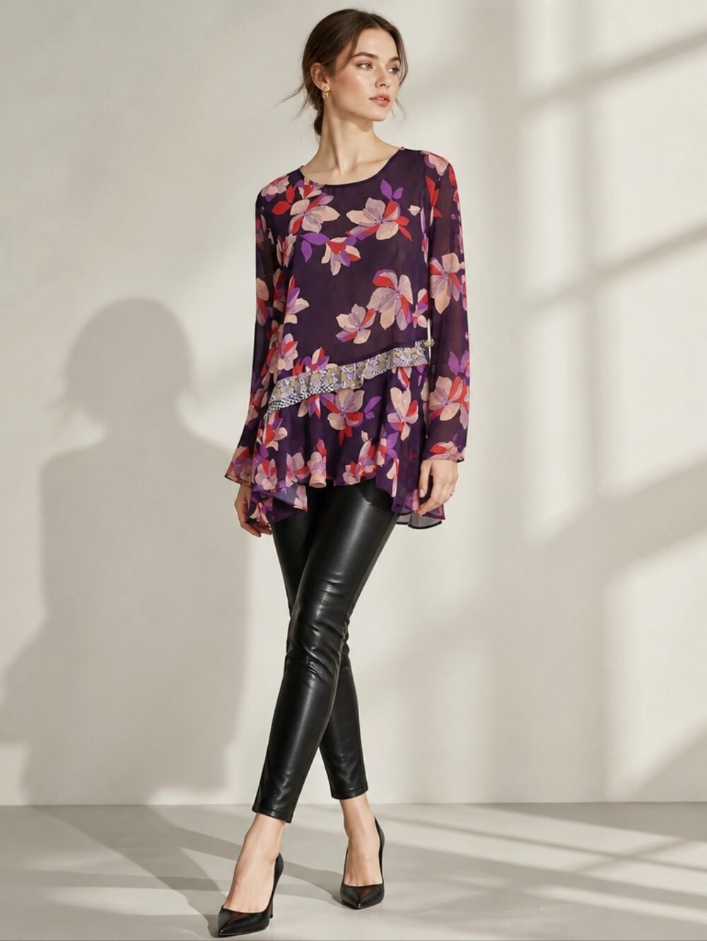 Lori Goldstein Logo Top Size M Purple Pink Floral Ruffled Sheer Whimsigoth Boho